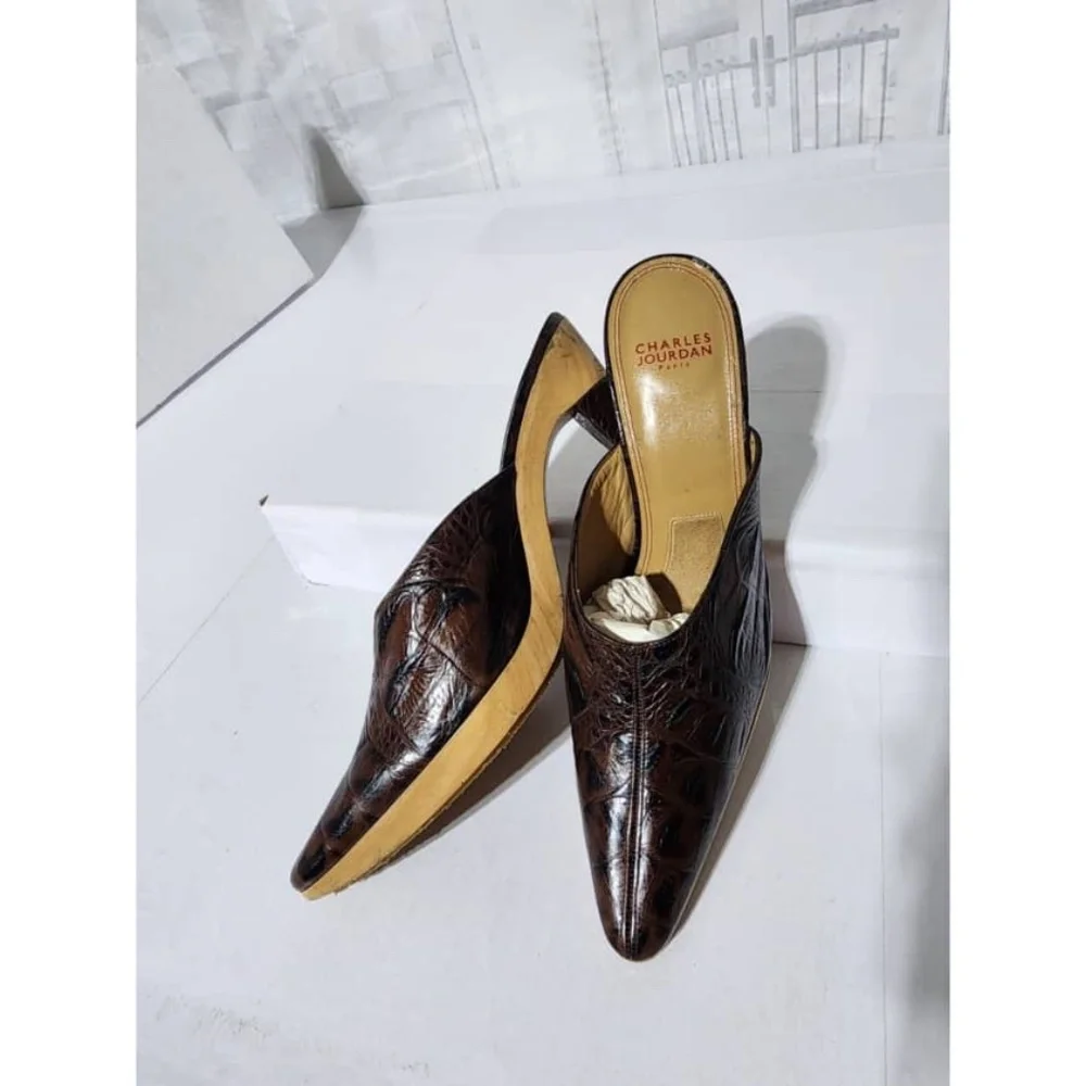 Authentic Charles Jourdan Snake Skin Leather on Wooden Platform Heels Brown